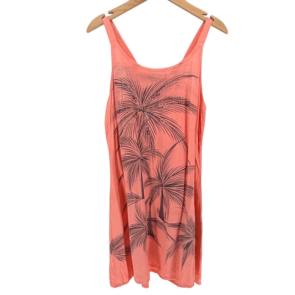 Raya Sun Tank Dress 1X Coral Pink Palm Tree Rhinestone Tie Back Tropical Summer